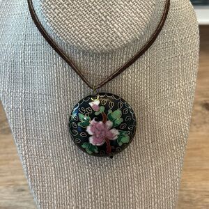 Cousin Claudine cloisonné black pink pendant, flower necklace with suede cord
